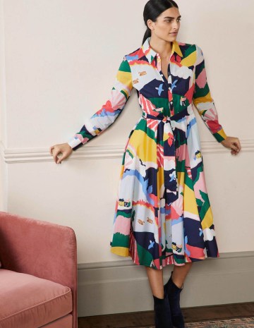 Boden Kitty Midi Shirt Dress in French Navy Scenic Meadow – mixed print fit and flare tie waist dresses - flipped