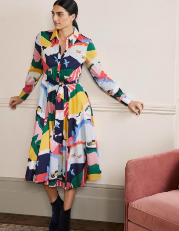Boden Kitty Midi Shirt Dress in French Navy Scenic Meadow – mixed print fit and flare tie waist dresses