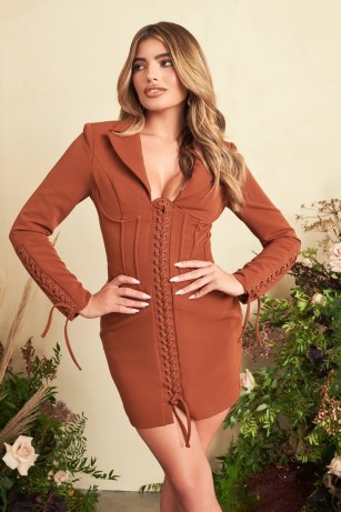 LAVISH ALICE lace up corset blazer dress in chocolate ~ glamorous brown fitted bodice evening dresses ~ glam party fashion