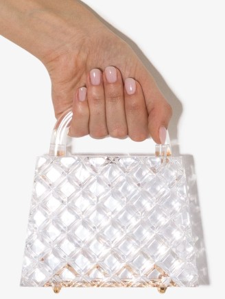 L’AFSHAR Eva diamond-pattern mini bag in transparent | clear acrylic handbags | small luxe top handle handbag