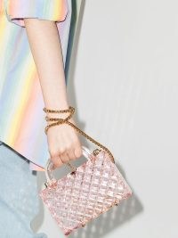 L’AFSHAR Tilda pink mini tote bag | small transparent top handle bags | clear handbags | gold chain shoulder strap