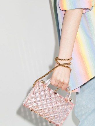 L’AFSHAR Tilda pink mini tote bag | small transparent top handle bags | clear handbags | gold chain shoulder strap - flipped
