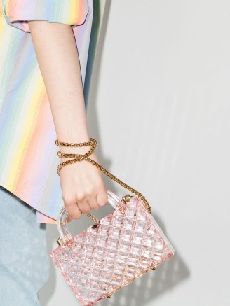 L’AFSHAR Tilda pink mini tote bag | small transparent top handle bags | clear handbags | gold chain shoulder strap