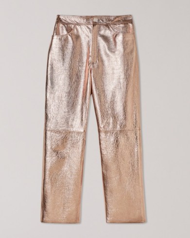 TED BAKER AILSAA Leather Flared Trousers Light Pink / womens high shine metallic finish pants - flipped