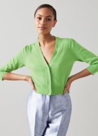 L.K. BENNETT LEONORA GREEN COTTON-WOOL POINTELLE TRIM CARDIGAN ~ vibrant cropped cardigans for spring