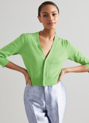 L.K. BENNETT LEONORA GREEN COTTON-WOOL POINTELLE TRIM CARDIGAN ~ vibrant cropped cardigans for spring - flipped