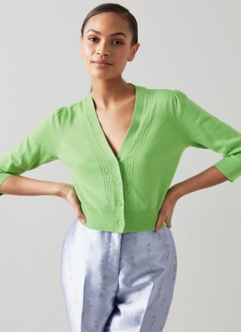 L.K. BENNETT LEONORA GREEN COTTON-WOOL POINTELLE TRIM CARDIGAN ~ vibrant cropped cardigans for spring