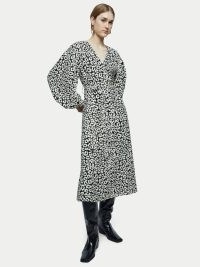JIGSAW Leopard Midi Dress Monochrome / animal V-neck balloon sleeve dresses