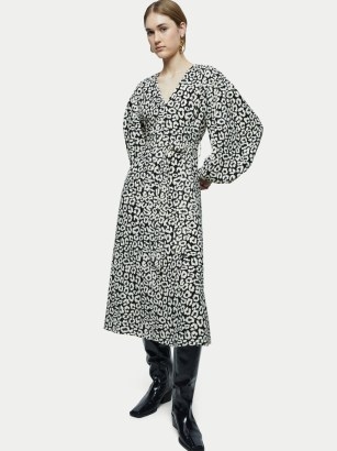 JIGSAW Leopard Midi Dress Monochrome / animal V-neck balloon sleeve dresses - flipped