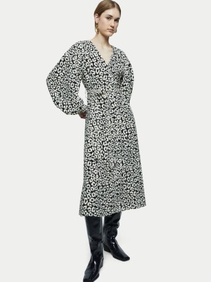 JIGSAW Leopard Midi Dress Monochrome / animal V-neck balloon sleeve dresses