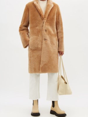 JOSEPH Britanny shearling coat in tan – luxe light brown reversible coats – womens luxury outerwear - flipped