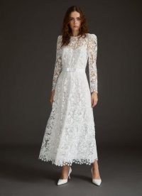 L.K. BENNETT LILA OFF-WHITE LACE WEDDING DRESS ~ long sleeve semi sheer A-line bridal dresses ~ vintage style