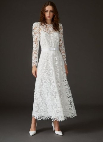 L.K. BENNETT LILA OFF-WHITE LACE WEDDING DRESS ~ long sleeve semi sheer A-line bridal dresses ~ vintage style - flipped