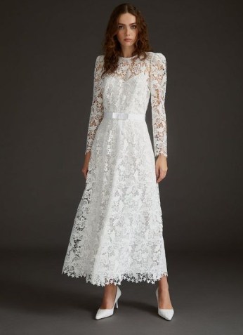 L.K. BENNETT LILA OFF-WHITE LACE WEDDING DRESS ~ long sleeve semi sheer A-line bridal dresses ~ vintage style