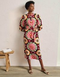 Boden Linen Midi Shirt Dress Black Opulent Daisy / bold retro floral print dresses / vintage style prints on womens fashion