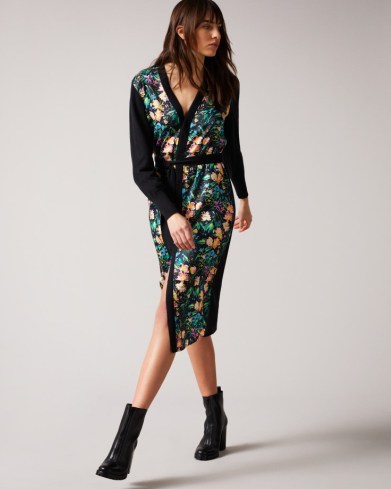 TED BAKER TILJA Longline woven-front cardigan / long tie waist floral panel cardigans / button up / knitted dresses - flipped