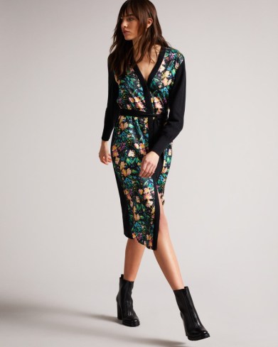 TED BAKER TILJA Longline woven-front cardigan / long tie waist floral panel cardigans / button up / knitted dresses