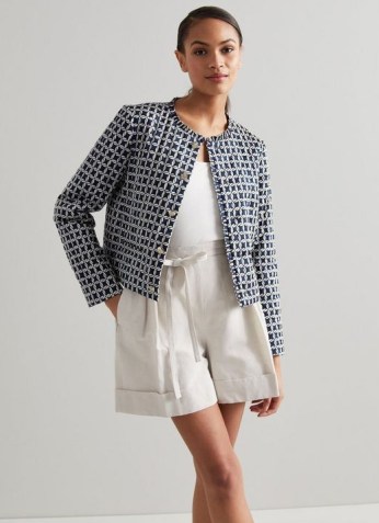 L.K. BENNETT LOU NAVY AND CREAM BASKET PRINT COTTON PADDED JACKET ~ chic spring jackets - flipped