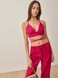 Reformation Louis Top in Rhubarb | dark pink strappy plunge front crop tops | plunging bralets | cropped hem fashion