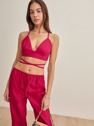 Reformation Louis Top in Rhubarb | dark pink strappy plunge front crop tops | plunging bralets | cropped hem fashion - flipped