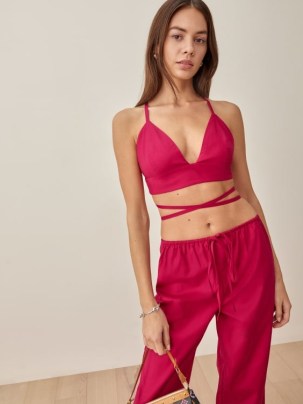 Reformation Louis Top in Rhubarb | dark pink strappy plunge front crop tops | plunging bralets | cropped hem fashion