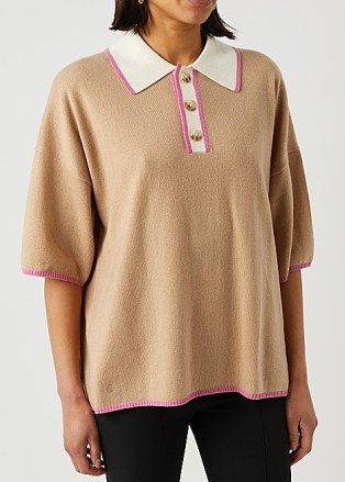 LOULOU STUDIO Arun camel cashmere polo top ~ womens light brown oversized contrast collar tops - flipped