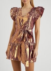 LOVESHACKFANCY Zoya printed lamé mini dress ~ metallic ditsy floral print party dresses ~ ruffle trim occasion fashion ~ tiered hem