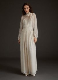 L.K. BENNETT LOVETTE CREAM DEVORÉ LONG WEDDING DRESS ~ semi sheer high neck boho bridal gowns ~ romantic bohemian style occasion fashion