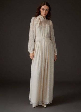 L.K. BENNETT LOVETTE CREAM DEVORÉ LONG WEDDING DRESS ~ semi sheer high neck boho bridal gowns ~ romantic bohemian style occasion fashion - flipped