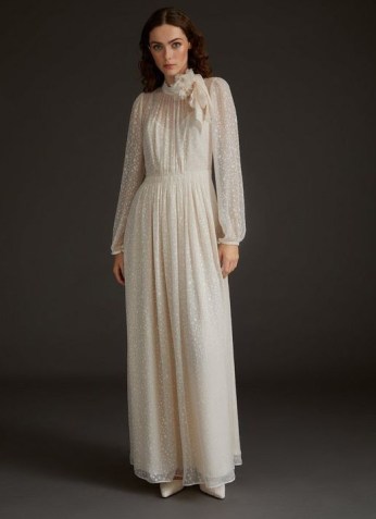 L.K. BENNETT LOVETTE CREAM DEVORÉ LONG WEDDING DRESS ~ semi sheer high neck boho bridal gowns ~ romantic bohemian style occasion fashion