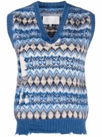 Maison Margiela intarsia-knit sleeveless sweater in blue | womens patterned frayed knitted vests | women’s distressed knitwear tanks