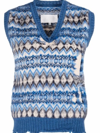 Maison Margiela intarsia-knit sleeveless sweater in blue | womens patterned frayed knitted vests | women’s distressed knitwear tanks - flipped
