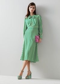 L.K. BENNETT MARCELLIN GREEN AND WHITE STRIPE SILK DRESS ~ long sleeve striped pussy bow dresses ~ retro look fashion ~ women’s vintage style clothing