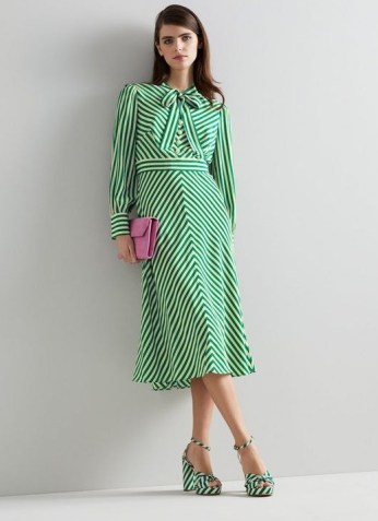 L.K. BENNETT MARCELLIN GREEN AND WHITE STRIPE SILK DRESS ~ long sleeve striped pussy bow dresses ~ retro look fashion ~ women’s vintage style clothing - flipped