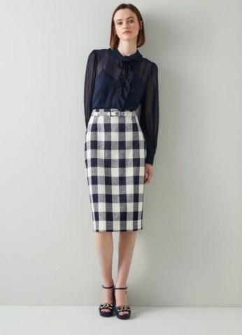 L.K. Bennett MAREN NAVY AND CREAM LARGE CHECK PENCIL SKIRT | dark blue checked skirts