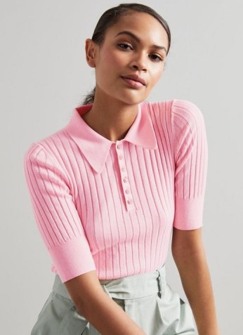 L.K. BENNETT MARINA PINK COTTON-BLEND RIBBED KNITTED TOP ~ women’s rib knit polo tops - flipped