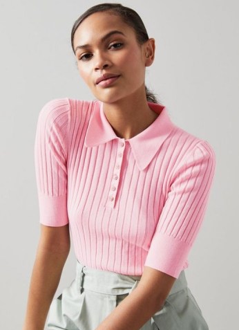 L.K. BENNETT MARINA PINK COTTON-BLEND RIBBED KNITTED TOP ~ women’s rib knit polo tops