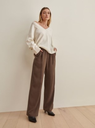 REFORMATION Mason Pant in Cafe ~ womens brown front pleated relaxed leg trousers - flipped
