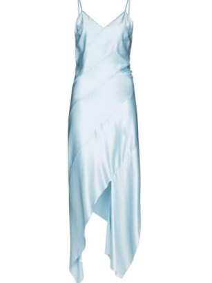 Materiel asymmetric slip dress in light blue | luxe stretch silk cami dresses | skinny shoulder strap evening fashion