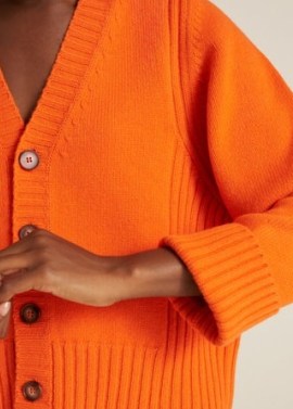 MEandEM Merino Cashmere Rib Detail Cardigan in Orange | womens relaxed boxy shaped front button cardigans | women’s bright knitwear - flipped