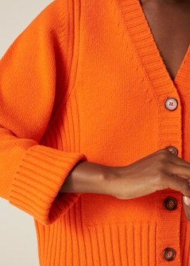 MEandEM Merino Cashmere Rib Detail Cardigan in Orange | womens relaxed boxy shaped front button cardigans | women’s bright knitwear