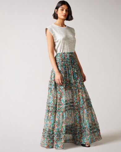 TED BAKER AMADEA Micro Ruffle Tiered Midaxi Skirt / floral print ruffle trim maxi skirts - flipped