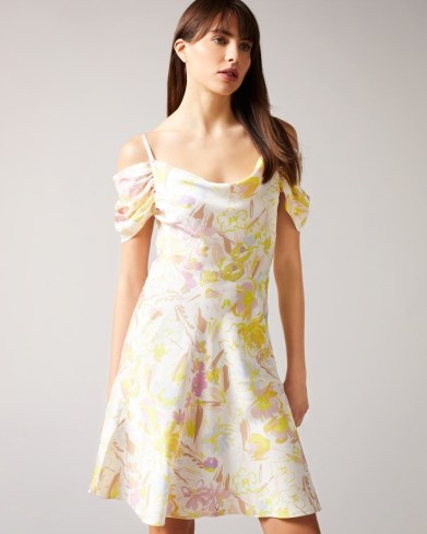 TED BAKER CAMILY Mini Cowl Front Satin Dress / floral cold shoulder dresses - flipped