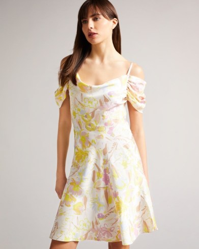 TED BAKER CAMILY Mini Cowl Front Satin Dress / floral cold shoulder dresses