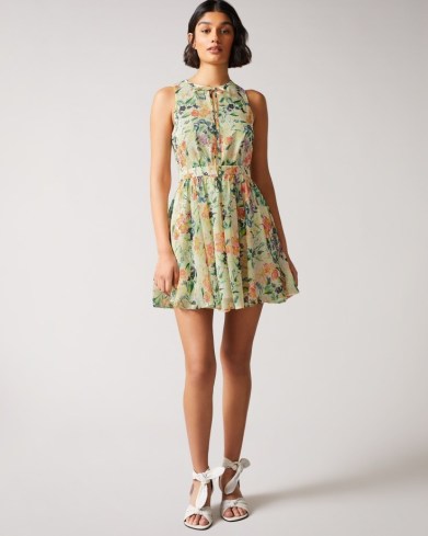 TED BAKER HAARISS Mini Sleeveless Dress with Tie Neck / feminine fit and flare floral print dresses - flipped