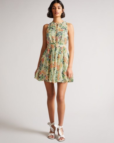 TED BAKER HAARISS Mini Sleeveless Dress with Tie Neck / feminine fit and flare floral print dresses