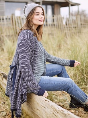 JoJo Maman Bébé NAVY DRAPE MATERNITY & NURSING CARDIGAN – wrap style cardigans for during and after pregnancy - flipped