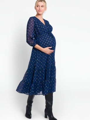 JoJo Maman Bébé NAVY FOIL PRINT WRAP FRONT MATERNITY MIDI DRESS – blue tiered hem pregnancy dresses