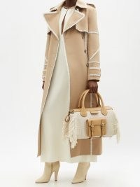 CHLOÉ Edith leather-trim wool-blend handbag in cream and beige – fringed top handle handbags – large designer shoulder bags