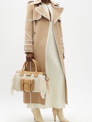 CHLOÉ Edith leather-trim wool-blend handbag in cream and beige – fringed top handle handbags – large designer shoulder bags - flipped